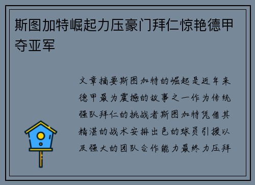 斯图加特崛起力压豪门拜仁惊艳德甲夺亚军 斯图加特崛起力压豪门拜仁惊艳德甲夺亚军
